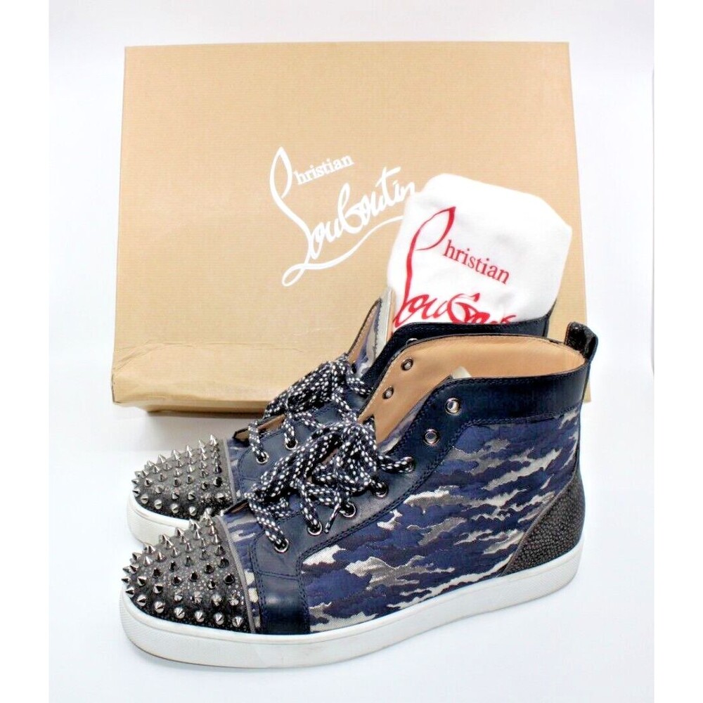 Auth CHRISTIAN LOUBOUTIN Lou Spikes Orlato Flat Blue Camo Sz 43.5 US 10.5 $1195